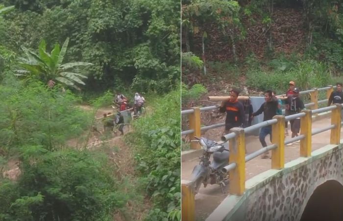 Warga Desa Ogoalas-Parimo Tandu Orang Sakit Lewati Jalan Rusak Sejauh 2 Km Tak Ada Akses Mobil, Warga Desa Ogoalas-Parimo Tandu Orang Sakit Lantaran Sejauh 2 Km