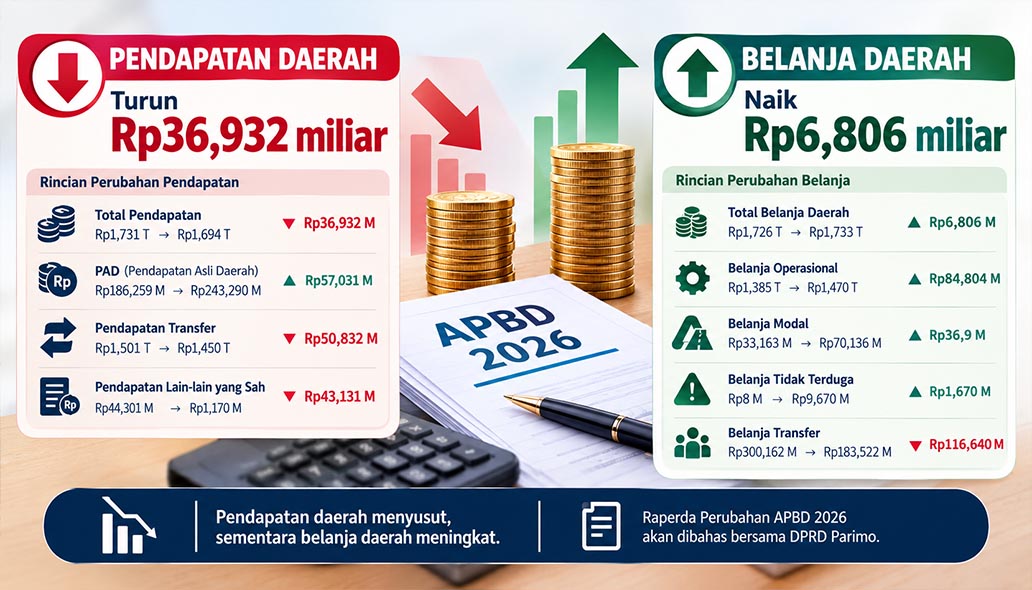 Perubahan APBD Parimo 2026: Pendapatan Susut Rp36,9 Miliar, Belanja Meningkat